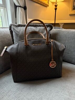 Michael Kors Black Logo Satchel with Brown Leather Handles